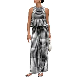 Womens 2 Piece Outfits Sets Gingham Plaid Sleeveless Ruffle Tank Tops and Wide Leg Pants Summer Matching Lounge Sets