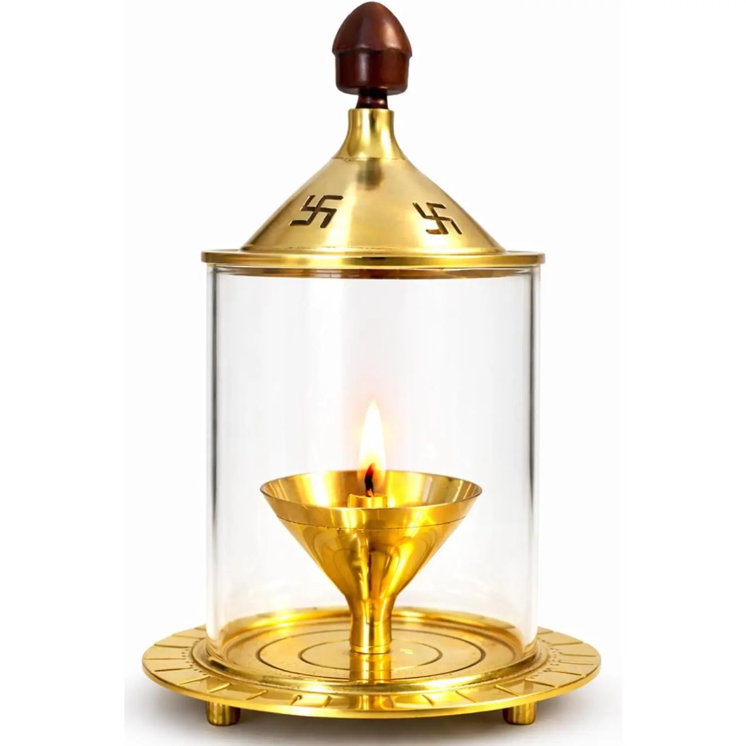 4" Brass Diyas for Pooja, Diya Oil Lamp with Glass Cover Wind Protector, Akhanda Deepam Indian Lamp for Puja Diwali Festival Return Gift