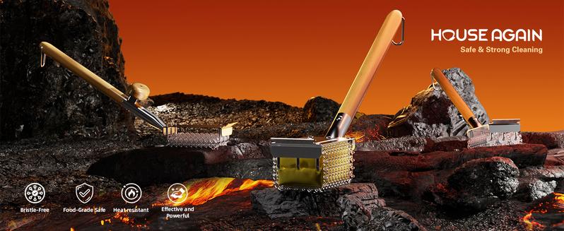 Grill Brush Bristle Free with Scraper, Safe Steam Cleaned Replaceable Head Fire Resistant Grill Cleaning Brush Strong Barbecue Brush Cleaner Non Wire for Outdoor Grill Grate/Wooden Handle