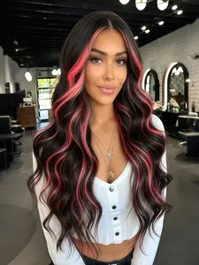 Black Pink Highlight Body Wave Synthetic Lace Front Wig 13x4 HD Lace Glueless Wigs Pre Plucked with Baby Hair for Daily Wear Party Concert 28 Inch
