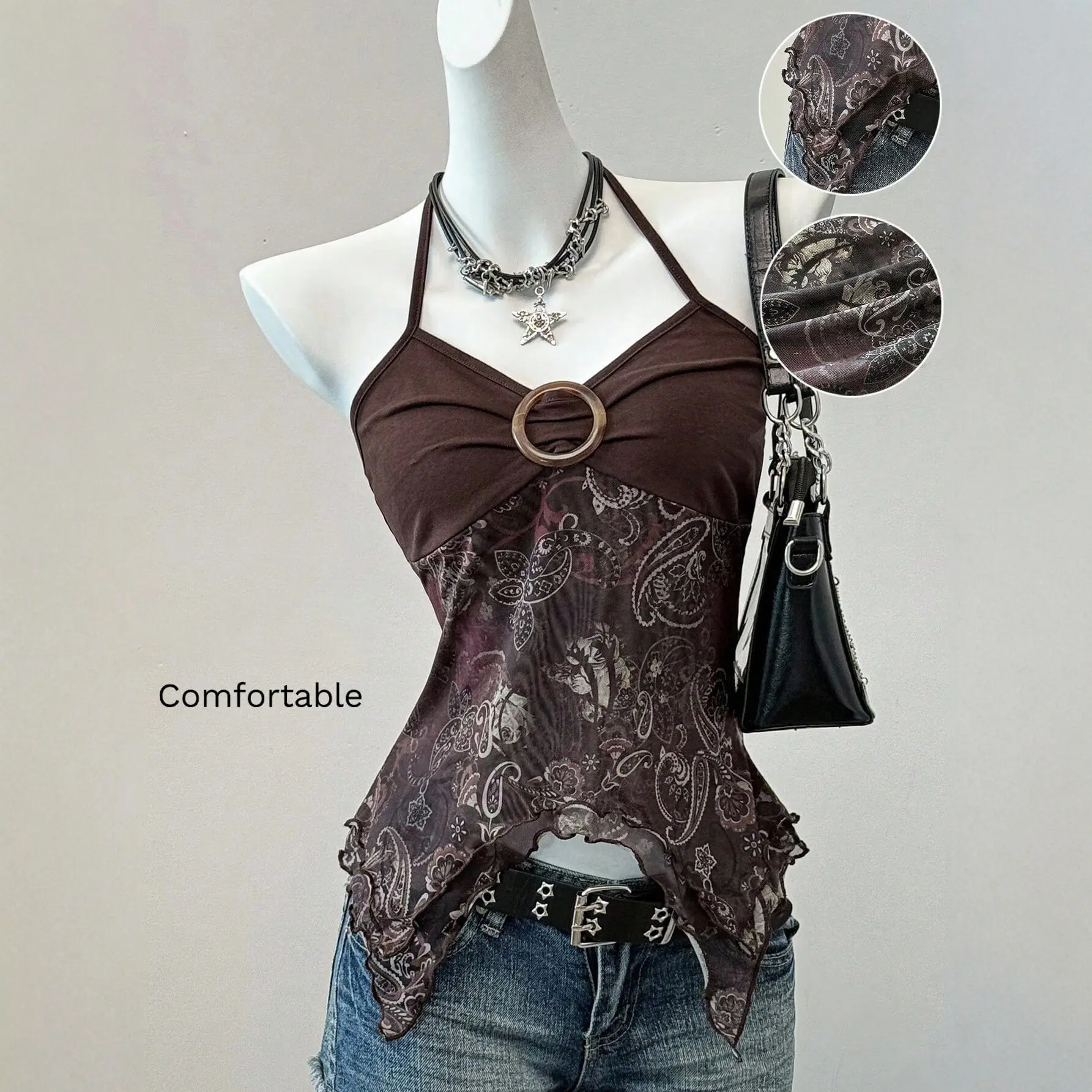 Women's Y2K Chic Halter Cami Top - Paisley Print, Mesh Splice, O-Ring Detail, Slim Fit, Asymmetric Hem - Comfortable Everyday Style Tank for Club Nightout & Daily Wear, Accessories-Ready