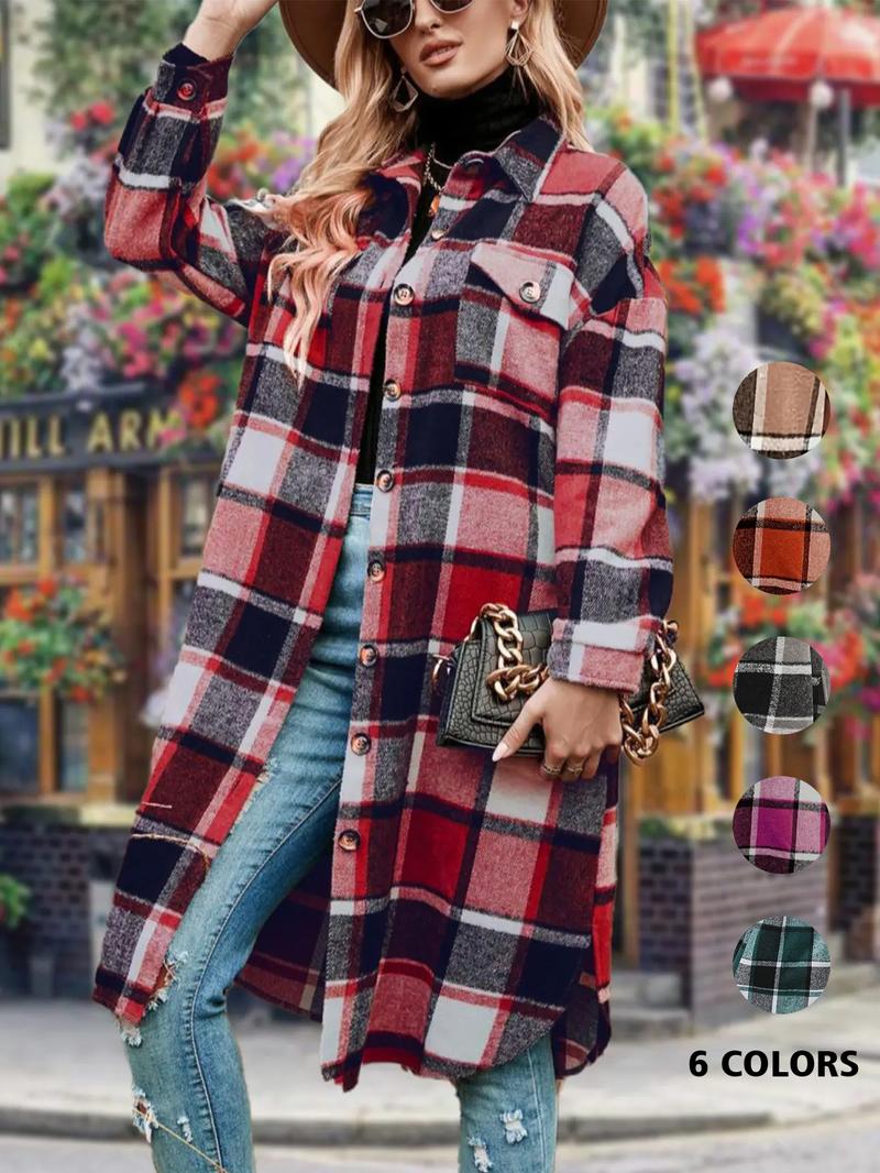 Women's Colorblock Plaid Print Button Front Drop Shoulder Coat Casual Long Sleeve Collared Pocket Coat Jackets for Fall & Winter, Women's Clothing for Daily Wear