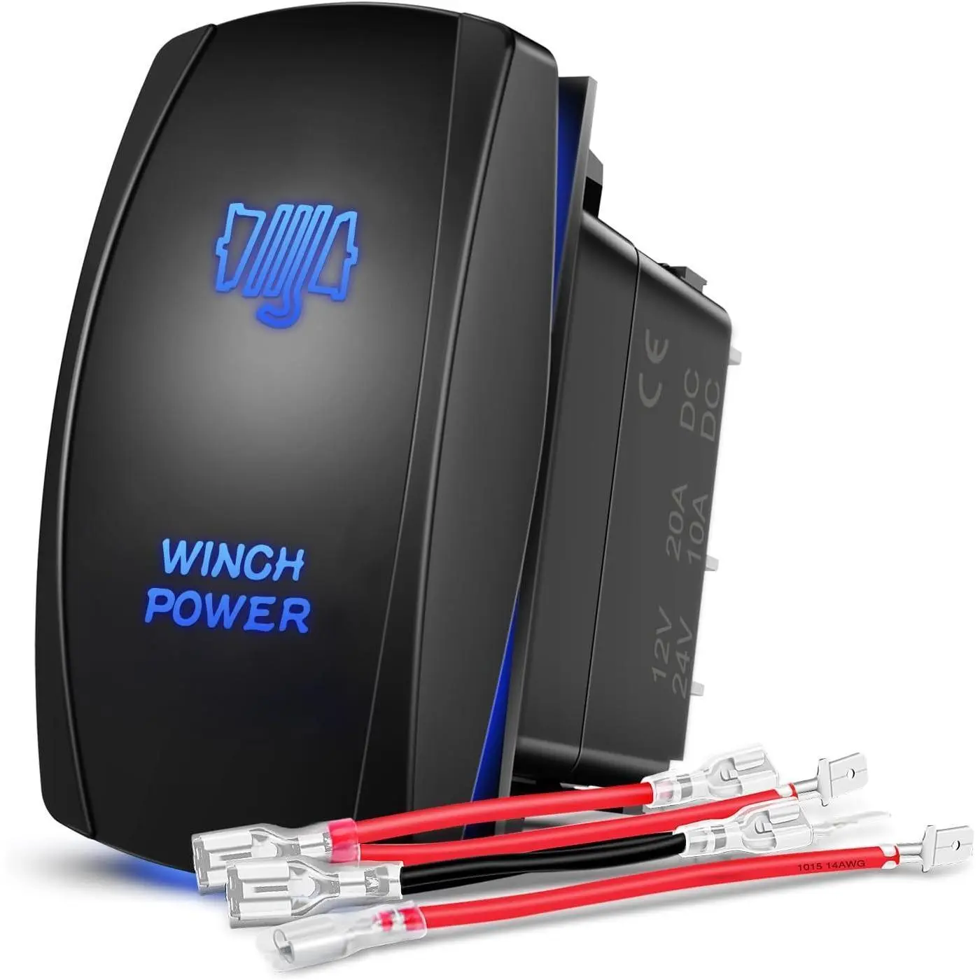 Nilight 5-Pin SPST ABS Winch Power Rocker Switch - 12V 20A, 24V 10A, Blue LED, Impact & Heat Resistant, Jumper Wires Set, 1.43"(37mm) x 0.84"(21.3mm), for Off Road Lights, LED Pod Lights, Boat, Yacht, 1X Diagram