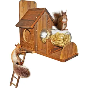 Squirrel Feeder with Ladder, Wood Squirrel Feeders for Outside, Funny Squirrel House with Nut Peanuts Storage Bottle and Corn Cob Holder, Easy to Install