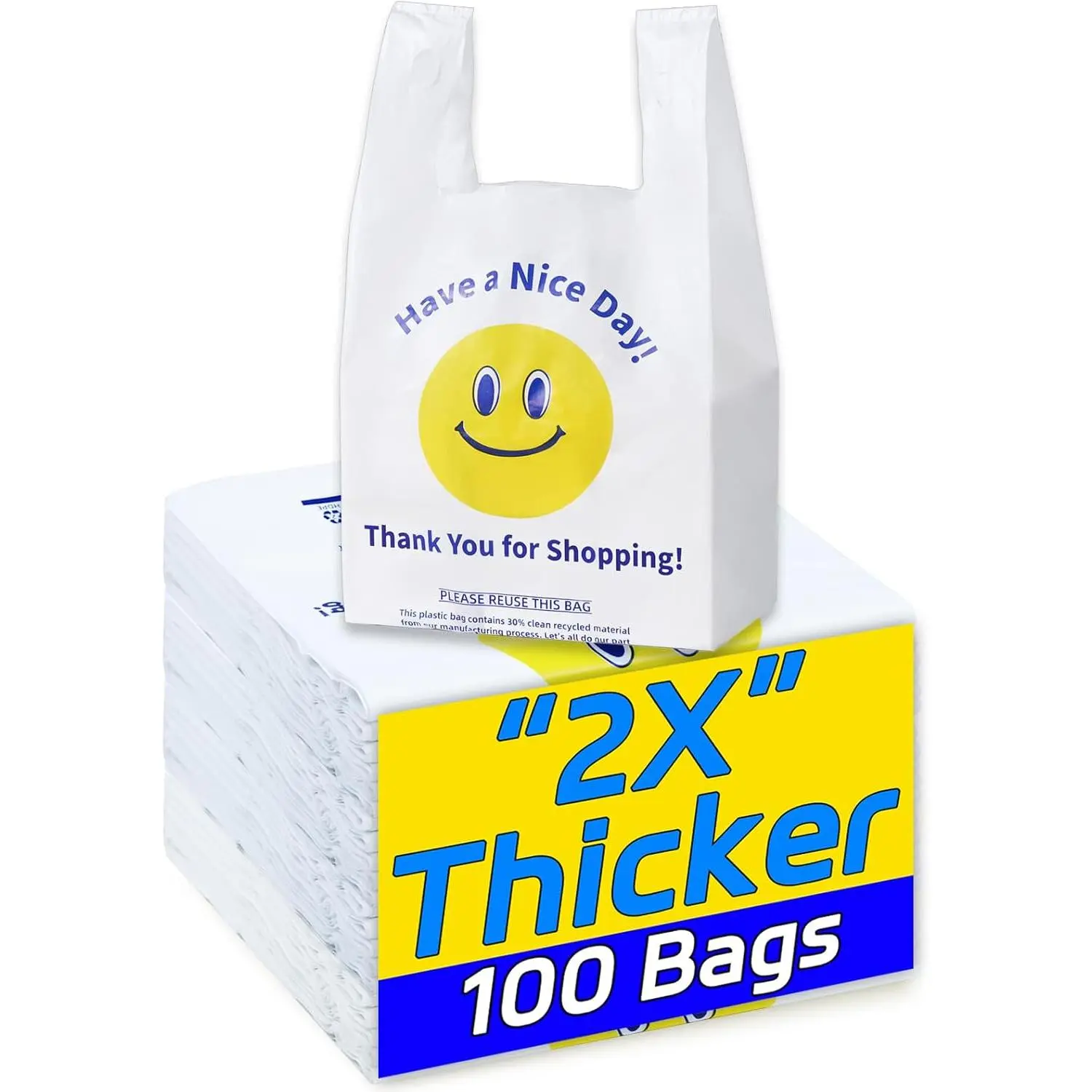0.8Mil(20 Microns), 100 Count, Plastic Bags with Handles, T-Shirt bag, Thank You bags, Shopping Bag, Grocery Bag, |for Store, Carry, Pack|, White, 1/6 Barrel, Large 11"x6"x21", Heavy Duty
