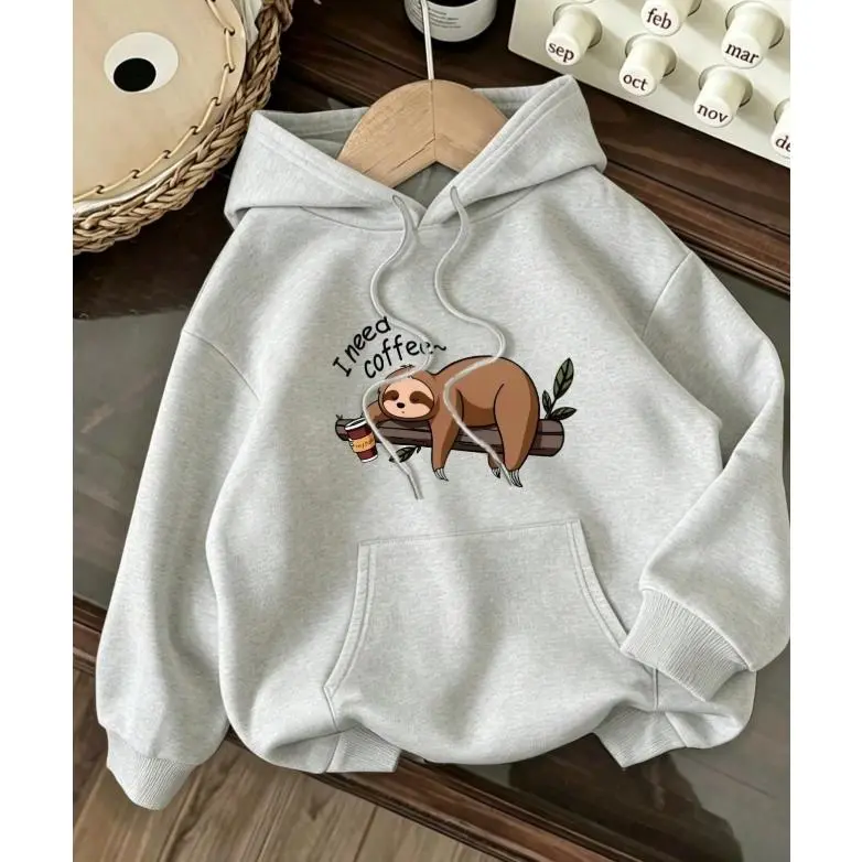 Women Oversized Fleece Pullover Hoodie With Kangaroo Pocket I Need Coffee Sloth Print Fall Clothes For Women & Winter Daily Wear