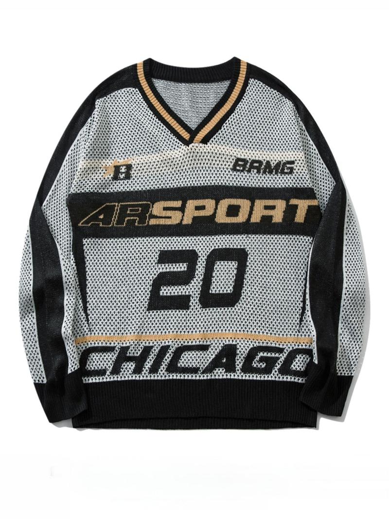 Unisex Men's Colorblock Letter & Number Print V Neck Sweater, Loose Casual Breathable Long Sleeve Jumper for Spring & Fall, Fashion Men's Knitwear for Daily Wear, Longsleeves Menswear, Casual Pullover Top