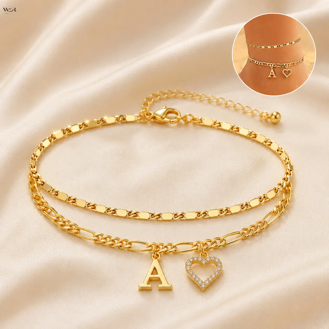 Personalized A-Z Initial Double Layer Anklet, 14K Gold Tone Paperclip Figaro Chain with Paved CZ Heart Charm, Adjustable 20+7cm Extension Custom Letter Ankle Bracelet, Dainty Custom Name Gift for Women Girls
