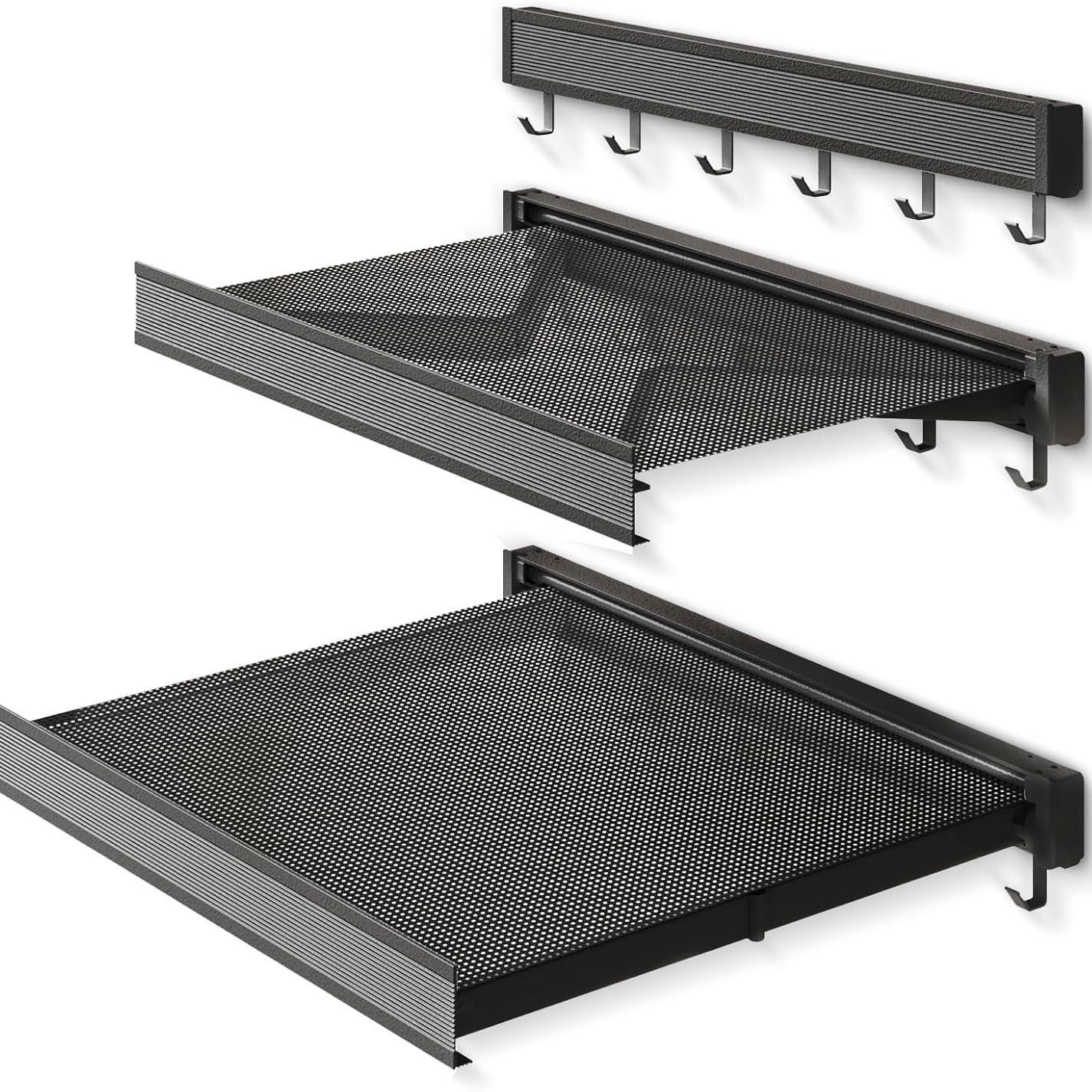 Space Saving Wall Mounted Towel Rack, Foldable Aluminum Towel Bar with Mesh Design, Rustproof with 6 Removable Hooks, No Drill Installation for Bathroom Balcony Laundry