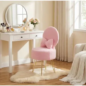 Vanity Stool Chair with Pillow & Foldable Backrest, Sherpa Fleece Vanity Chair with Stroage Space & Metal Legs, Soft Storage Ottoman, Modern Accent Chair for Makeup Bedroom Living Room