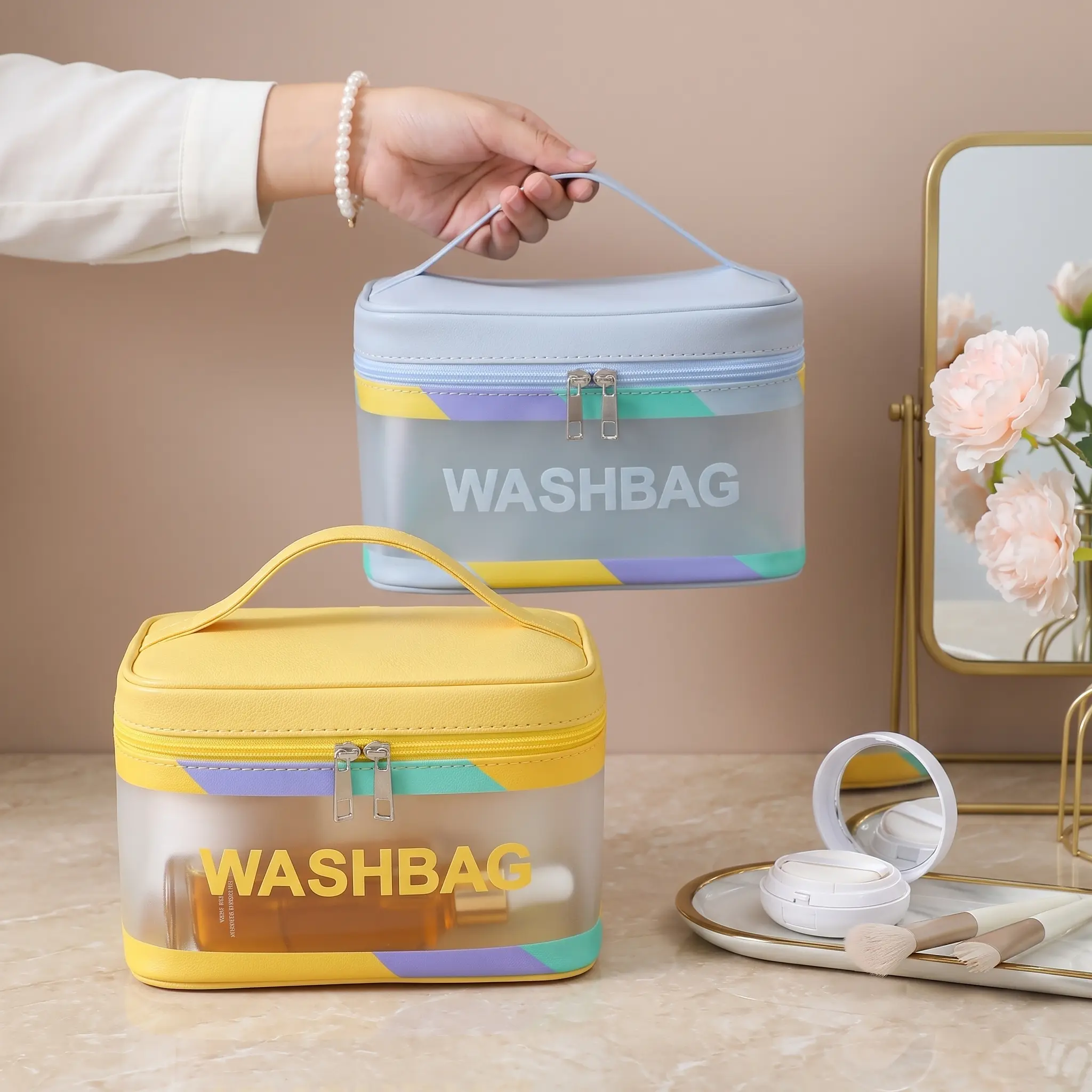 Chic PU+Synthetic Leather Transparent Waterproof Makeup Bag, Large-Capacity Zipper Cube Shape Cosmetic Storage for Home & Travel