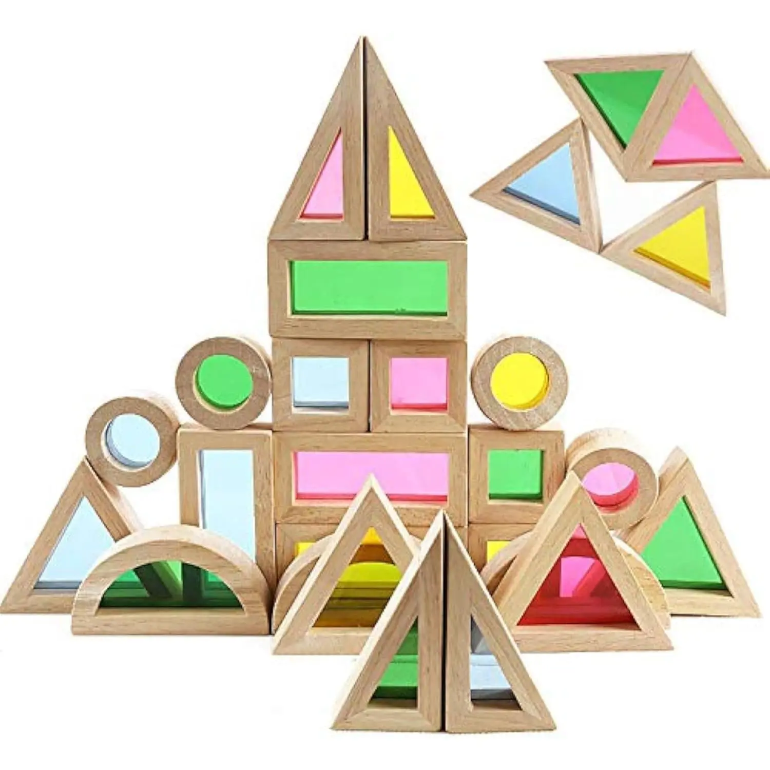 Wooden Building Block Sets, 24-Pc Rainbow Stacker Balance Game, Preschool Geometric Shapes Learning Educational Toys for Kids, Wooden Blocks