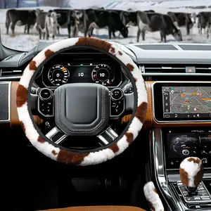 3 count  Steering Wheel Cover Plush, Auto Cute Furry Cows  Hand  & Shift Gear Covers  Soft Warm  Interior Accessories for Women Men (Brown , 15 inch)