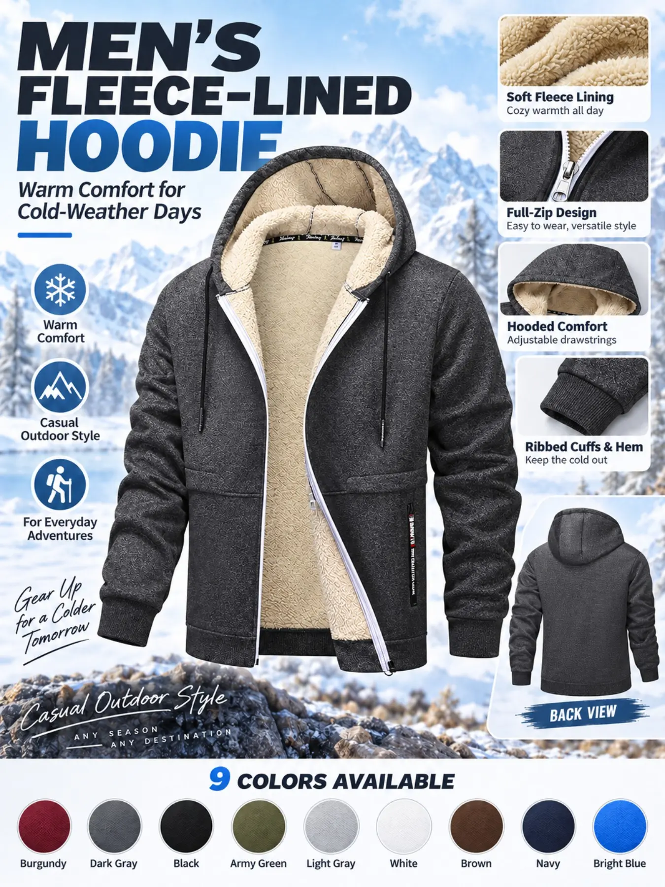 Men's Fall Winter Fleece Lined Hooded Jacket, Casual Loose Jacket, Thick Warm Casual Outerwear, Full Zip Open Front, Outdoor Commute, Multiple Colors Available