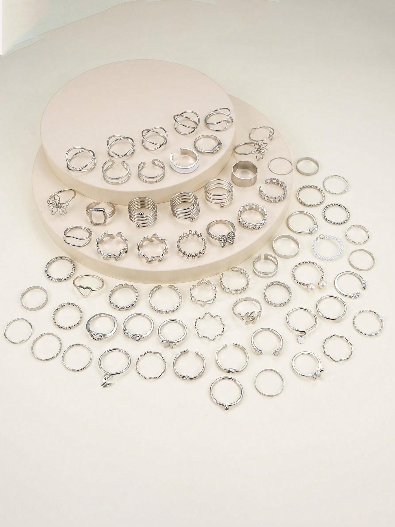 66pcs Women's Elegant Fashion Butterfly Heart Design Rhinestone Decorated Rings, Casual Versatile Hollow out Geometric Design Rings, Fashion Accessories for Women & Girls