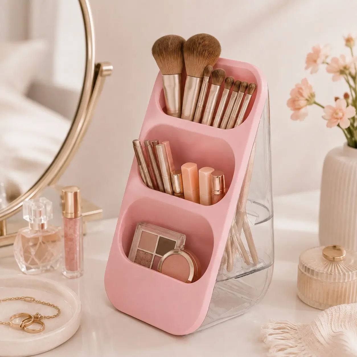 3-Compartment Cosmetic Organizer with Clear Back Panel, Multi-Grid Vanity Storage Holder for Makeup Tools & Brushes. Perfect for vanity, bathroom, bedroom and office desk to store skincare products, makeup brushes, eyebrow pencils and lipsticks