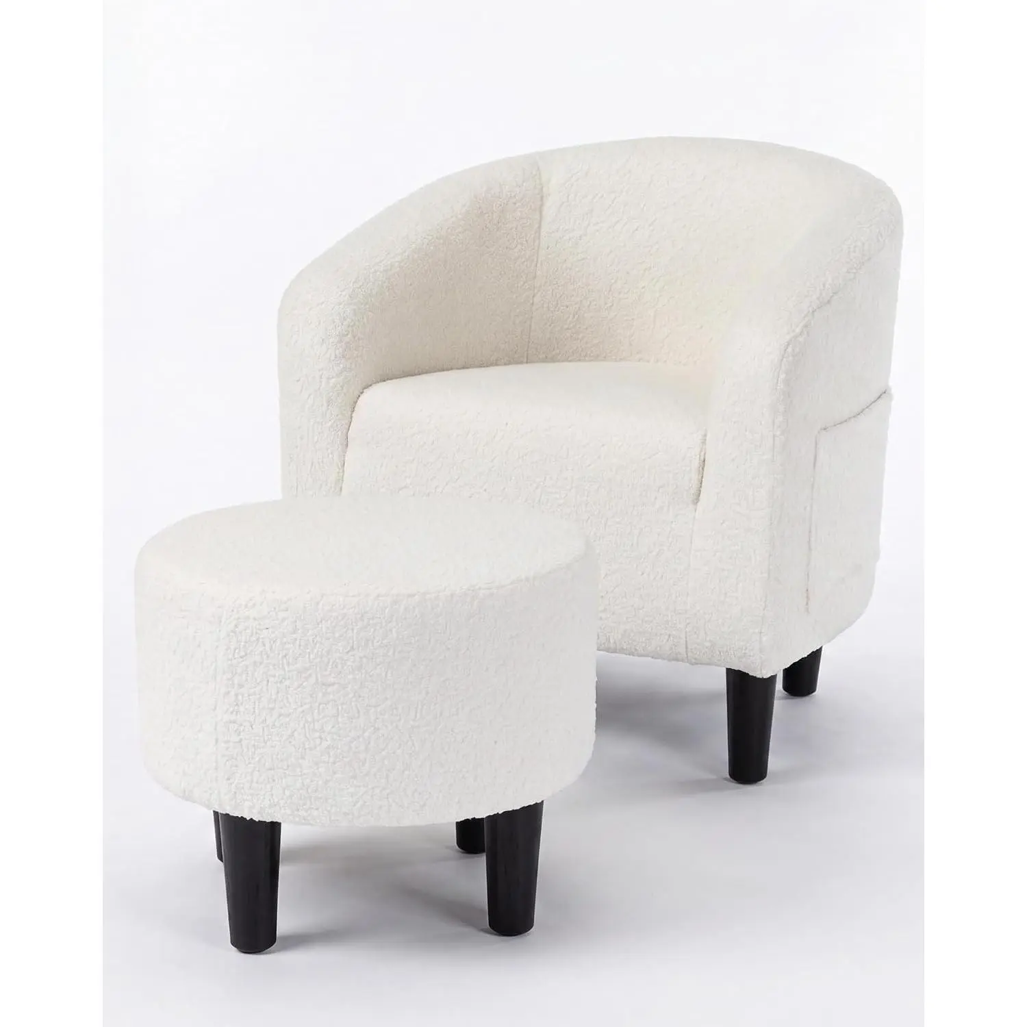 Fluffy Fabric Barrel Shape Accent Chair with Ottoman Set, Small Size Cozy Look Indoor Furniture for Living Room, Reading Corner, White