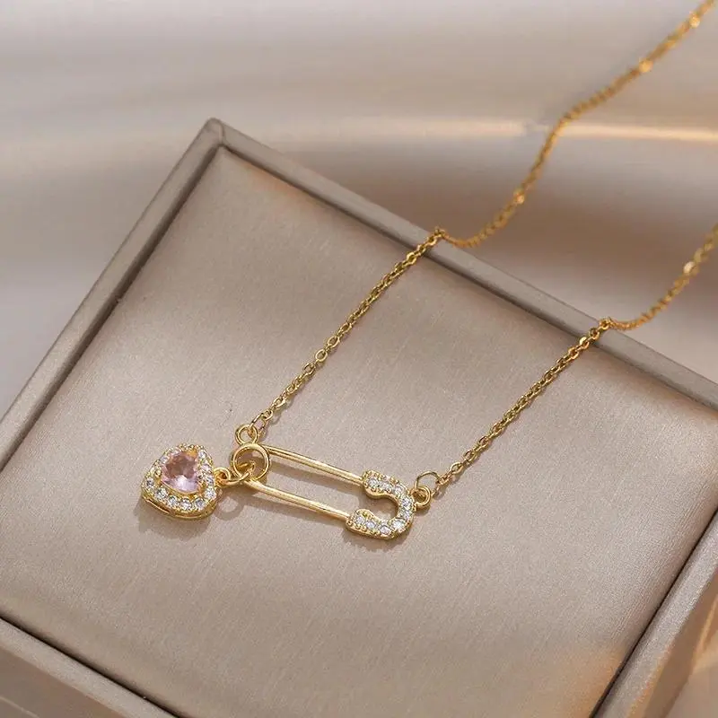 Trendy Stainless Steel Crystal Heart U Shape Necklace For Women Creative Gold Color Pin Tassel Pendants Aesthetic Jewelry