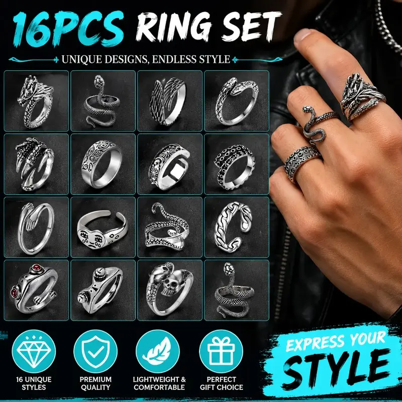 16-Piece Gothic Ring Set, Vintage Punk Alloy Jewelry for Men & Women with Skull & Snake Motifs, Hypoallergenic & Adjustable for Casual Wear