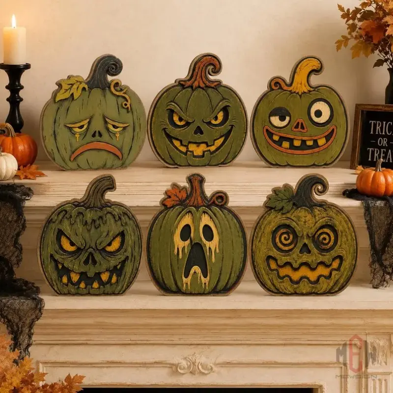 Vintage Pumpkin Lantern Wooden Sign Set, Funny Layered Tray Desk Decor, Halloween Fireplace Shelf, Fall Harvest Party Decoration