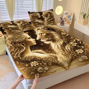 Gilded Queen & Lion Luxury Art Print Fitted Sheet Set-Elegant Queen and Lion Gazing at Each Other-1 Bed Sheet & 2 Coreless Pillowcases-Soft Breathable Deep Pocket Non-Slip-French Palace Style Bedroom Decor