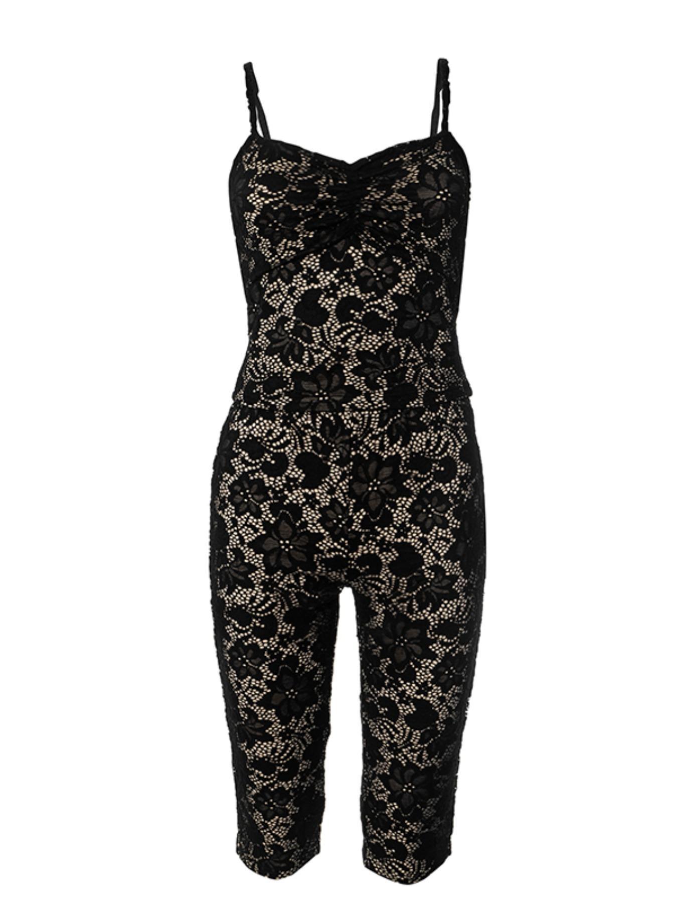 Women's Plain Floral Lace Sleeveless Cami Top & Skinny Pants Two-piece Set, Sexy Feminine Fashion Casual Two Piece Outfits for Daily Outdoor Wear, Lady Black Clothes Outfit, Womenswear