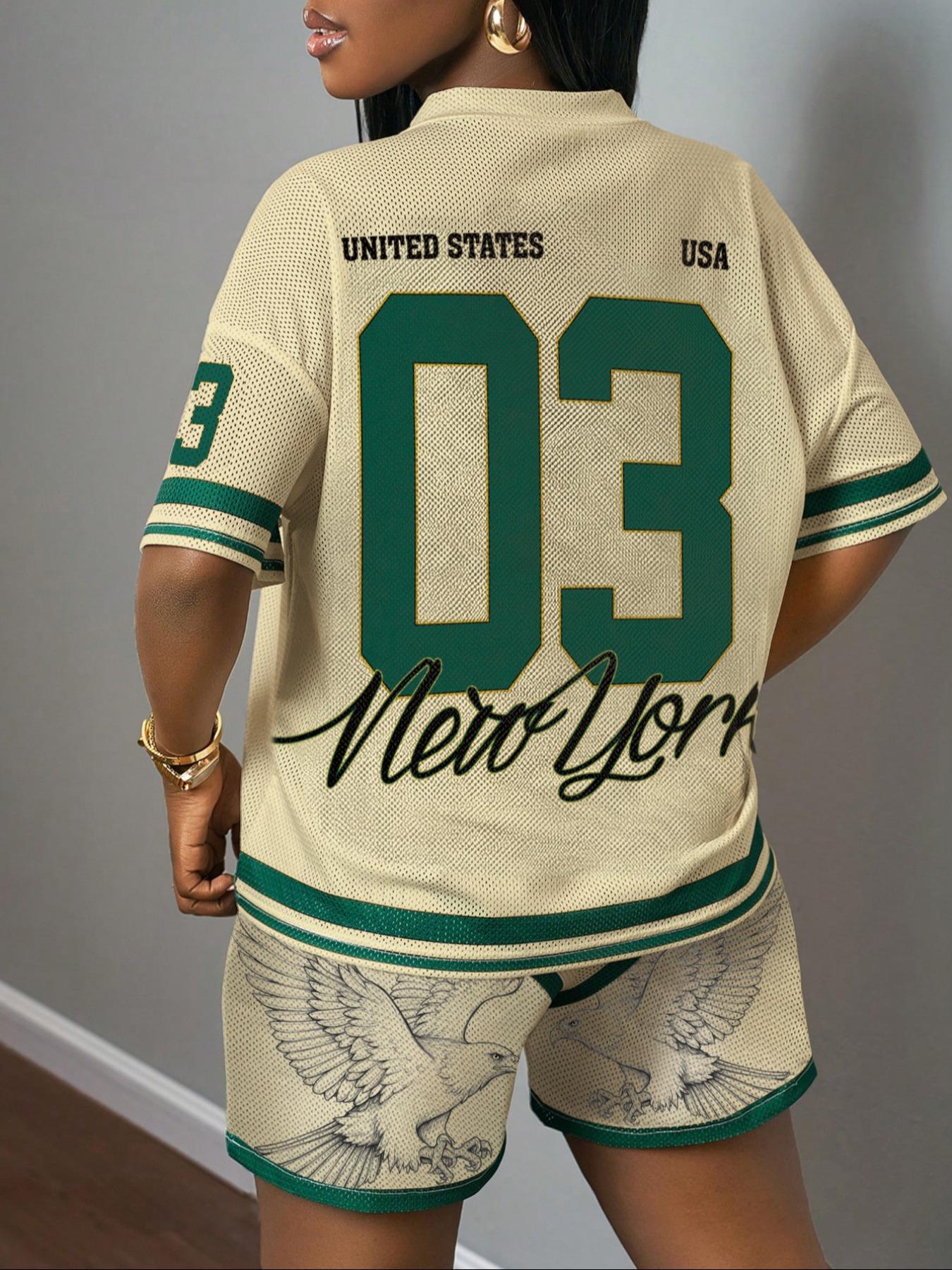 2-piece set of new spring and summer casual street sports style Womenswear V-neck short sleeved loose fitting size 03 "USA" slogan green striped T-shirt+five point apricot mesh shorts set