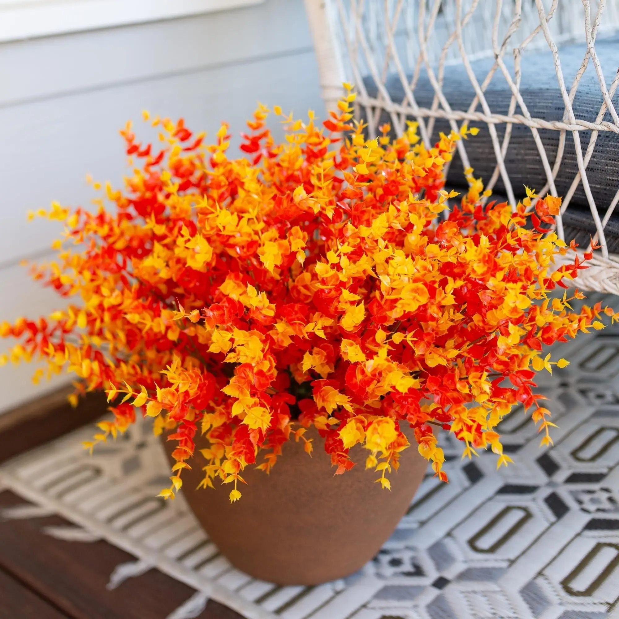 24 Pack UV Protected Artificial Fall Eucalyptus Bundles, Realistic Orange Silk Boxwood Fake Autumn Plants, Weatherproof Faux Greenery Stems for Indoor Outdoor Home Porch Patio Yard Planter Thanksgiving Decor