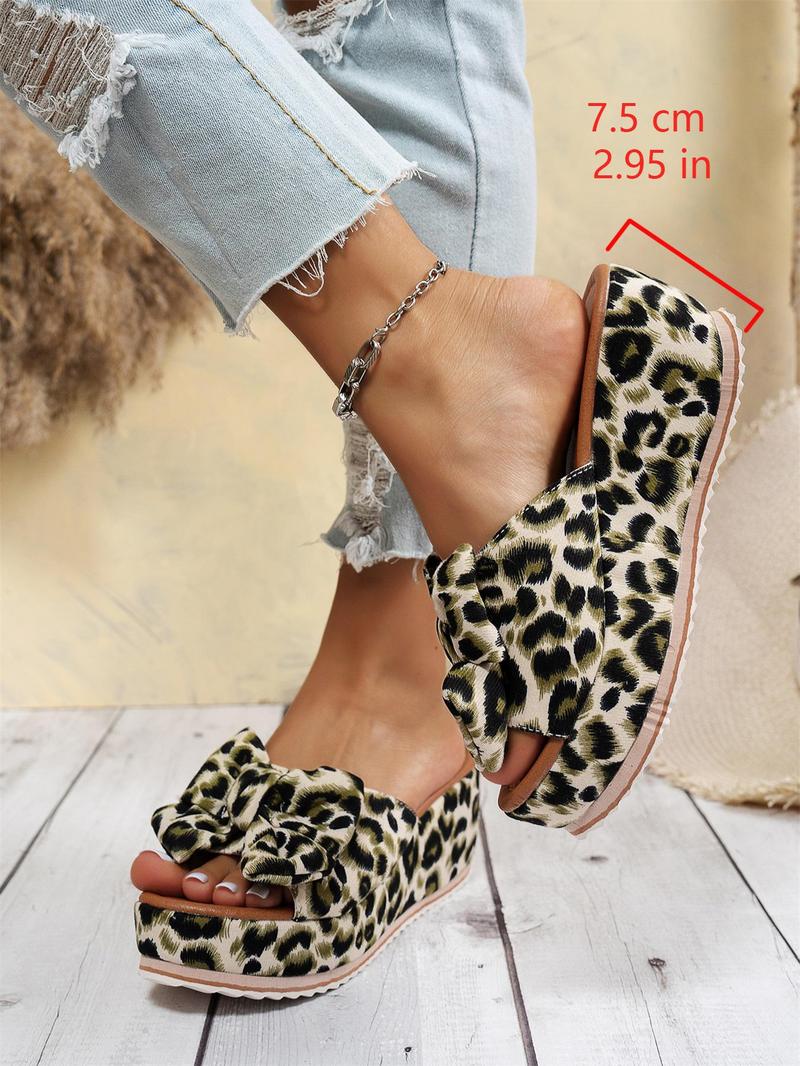Women's Cute Bowknot Leopard Print Wedge Sandals, Casual Fashion Slip-On Wedges, Summer Trendy Shoes, Beach Daily Wear, Bow Decor Sandals