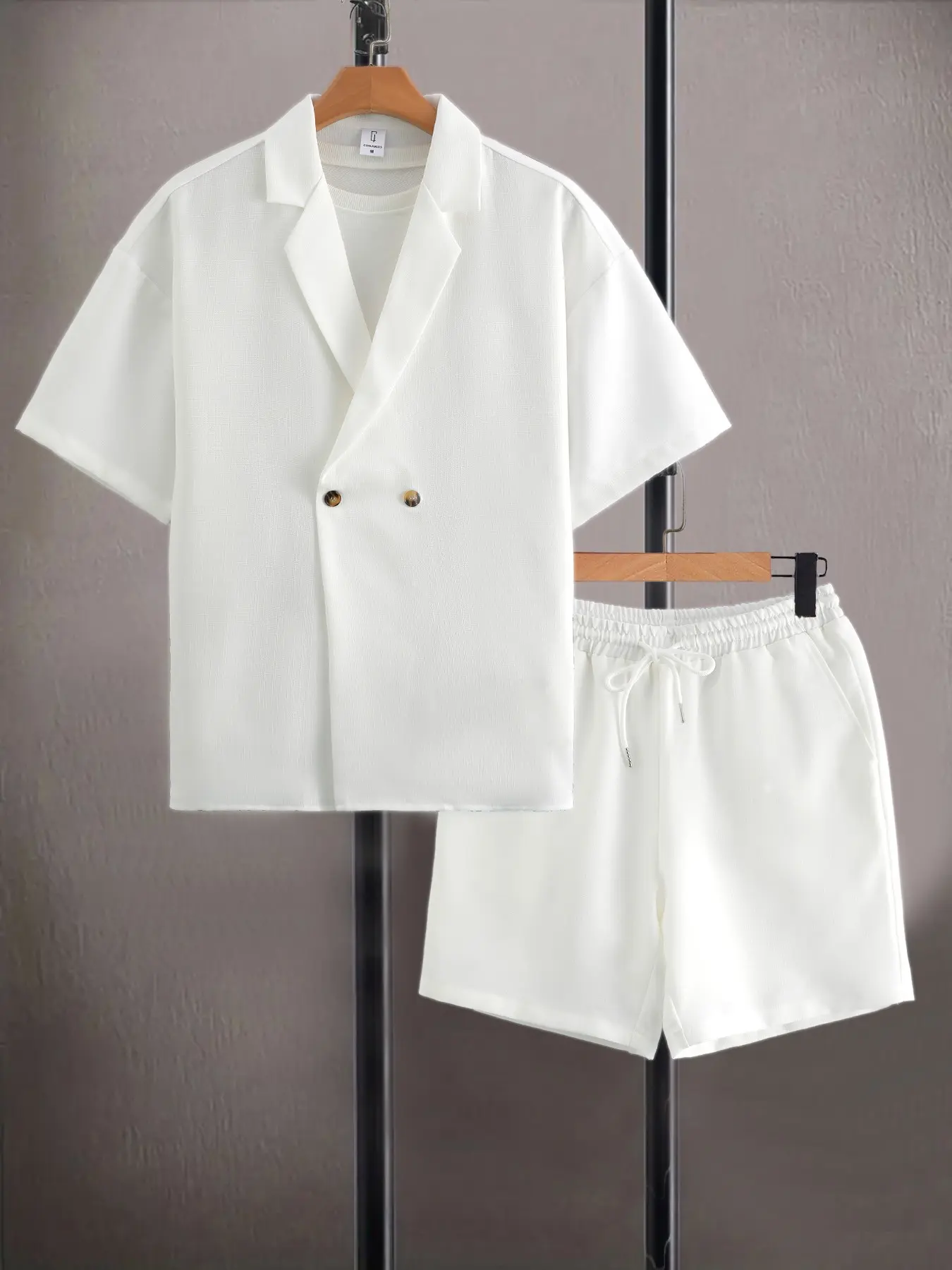 Men's White Lapel Blazer Short Sleeve Tropical Loungewear Outfit 2-Piece Set, Double Breasted Button Shirt & Drawstring Shorts, Ultra Soft Breathable Fabric, Relaxed Fit for At-Home Lounging, WFH & Lazy Rest Days