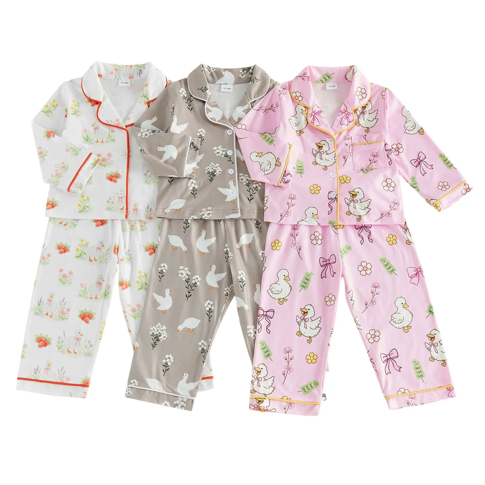 Toddler Baby Little Girl Fall Satin Pajamas Set Bow Duck Print Long Sleeve Lapel V Neck Tops with Elastic Waist Pants Sleepwear 1-6 Years