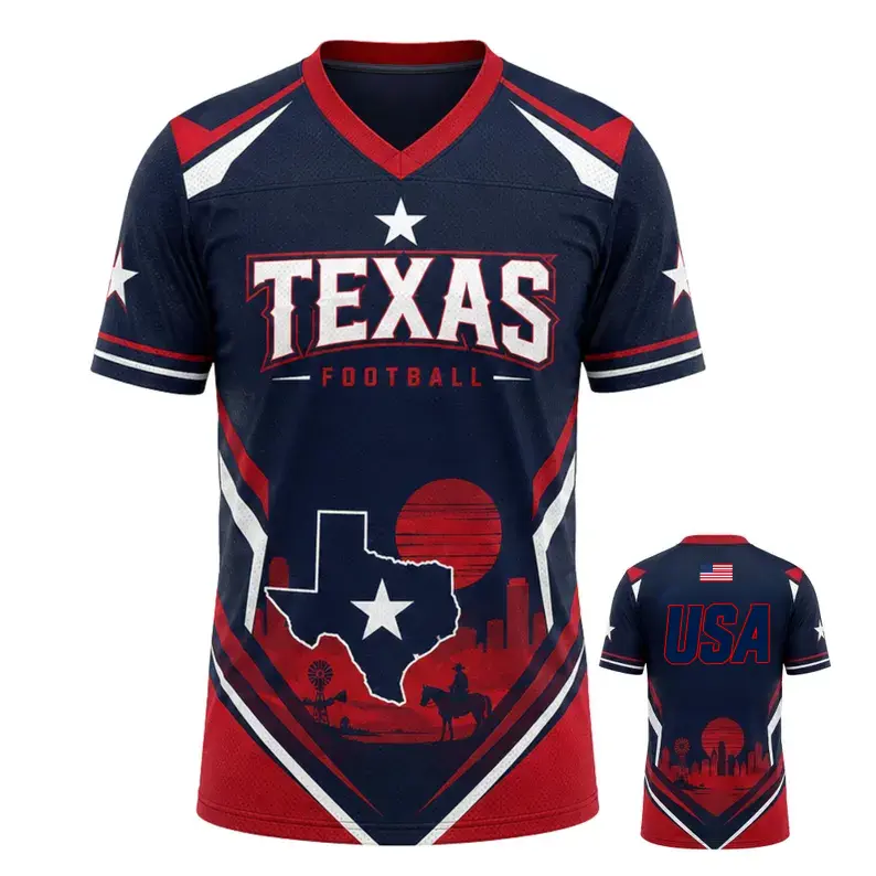 Texas football jersey, navy red V-neck mesh sports T-shirt, featuring the logo of the University of Texas in the US, suitable for summer casual wear, as a gift for men, and suitable for football fans of both genders.