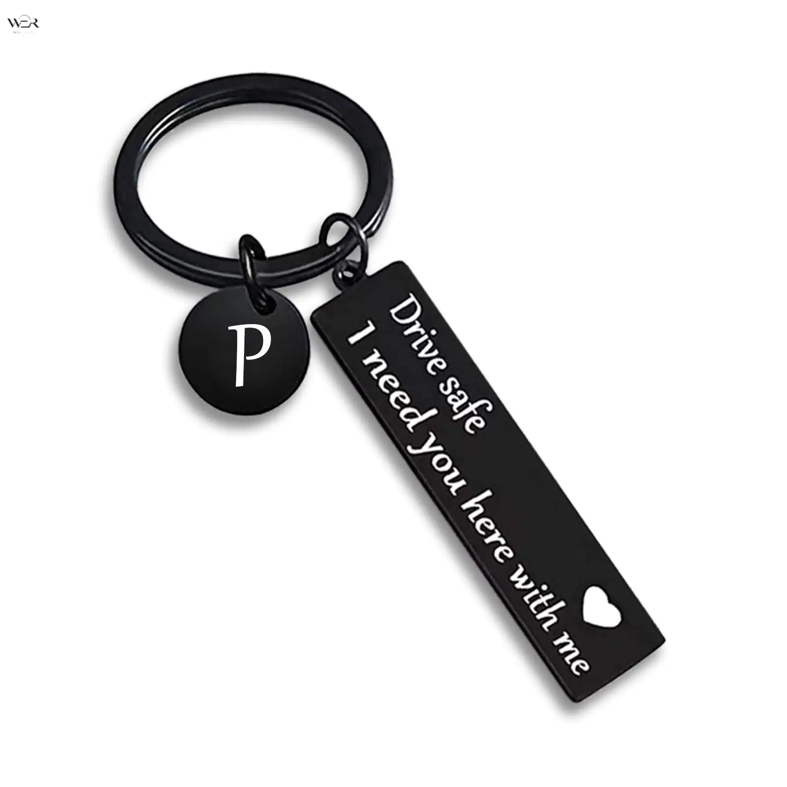 A-Z Initial Drive Safe Keychain, Matte Black Stainless Steel Letter Tag Key Ring Engraved "I need you here with me", Romantic Personalized Gift for Partner Birthday Valentine