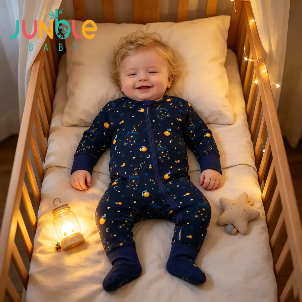 JUNBLEBABY Firefly Jar Star Moon Print Bamboo Baby Long Sleeve Footed Romper, Baby bamboo pajamas,baby romper,baby sleeper,cute baby boy clothes,baby onesie,Two-Way Zipper Soft Breathable Toddler Sleep Play Onesie for 0-3T Boys