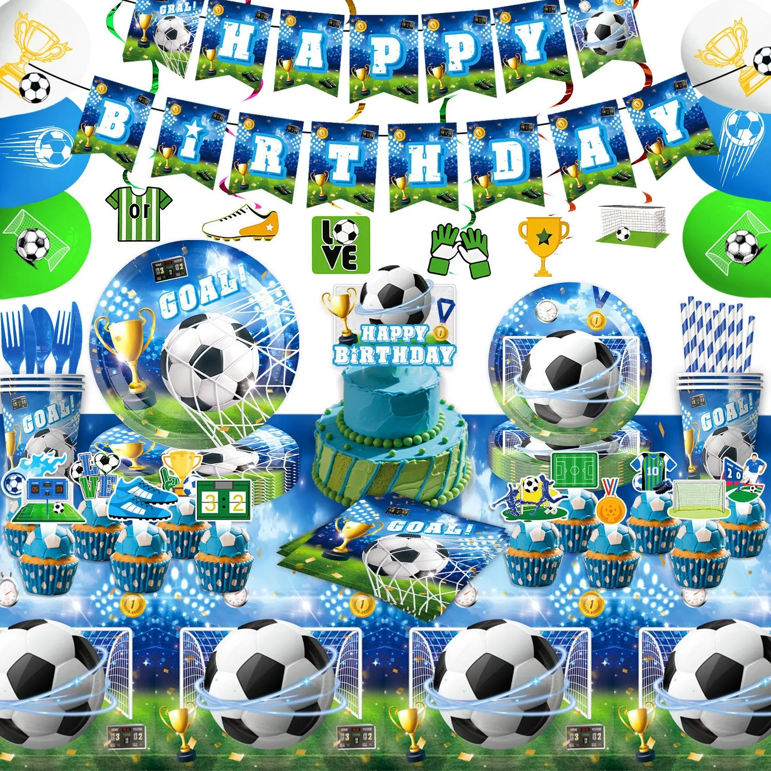 14-Piece Football Soccer Party Set, Disposable Tableware & Decor Combo, Flags/balloons/dishes/cups/towels/forks/cake Picks, Kids Birthday Party Supplies, Themed Goodies
