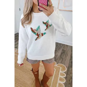 Womens Retro Duck Graphic Sweaters Casual Crewneck Long Sleeve Drop Shoulder Pullover Knit Jumper Vintage Flying Mallard Pattern Knitwear Fall Clothes Back to School Outfits White