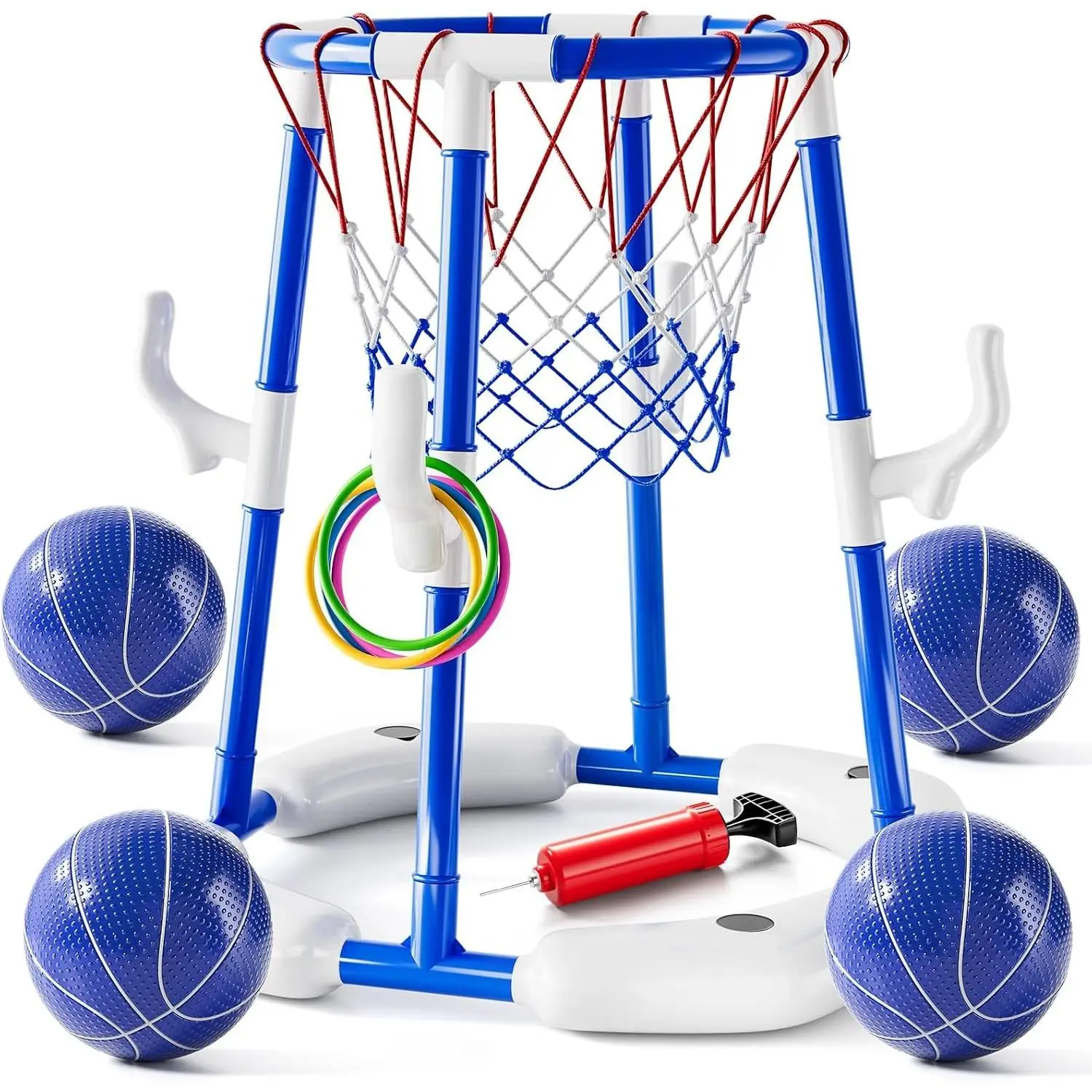 2-in-1 Pool Basketball Hoop & Ring Games Set with 4 Balls, 12 Rings and Pump – Summer Water Outdoor Party Swimming Pool Toys for Kids Ages 4-12, Adults – Family Water Birthday Games Toys