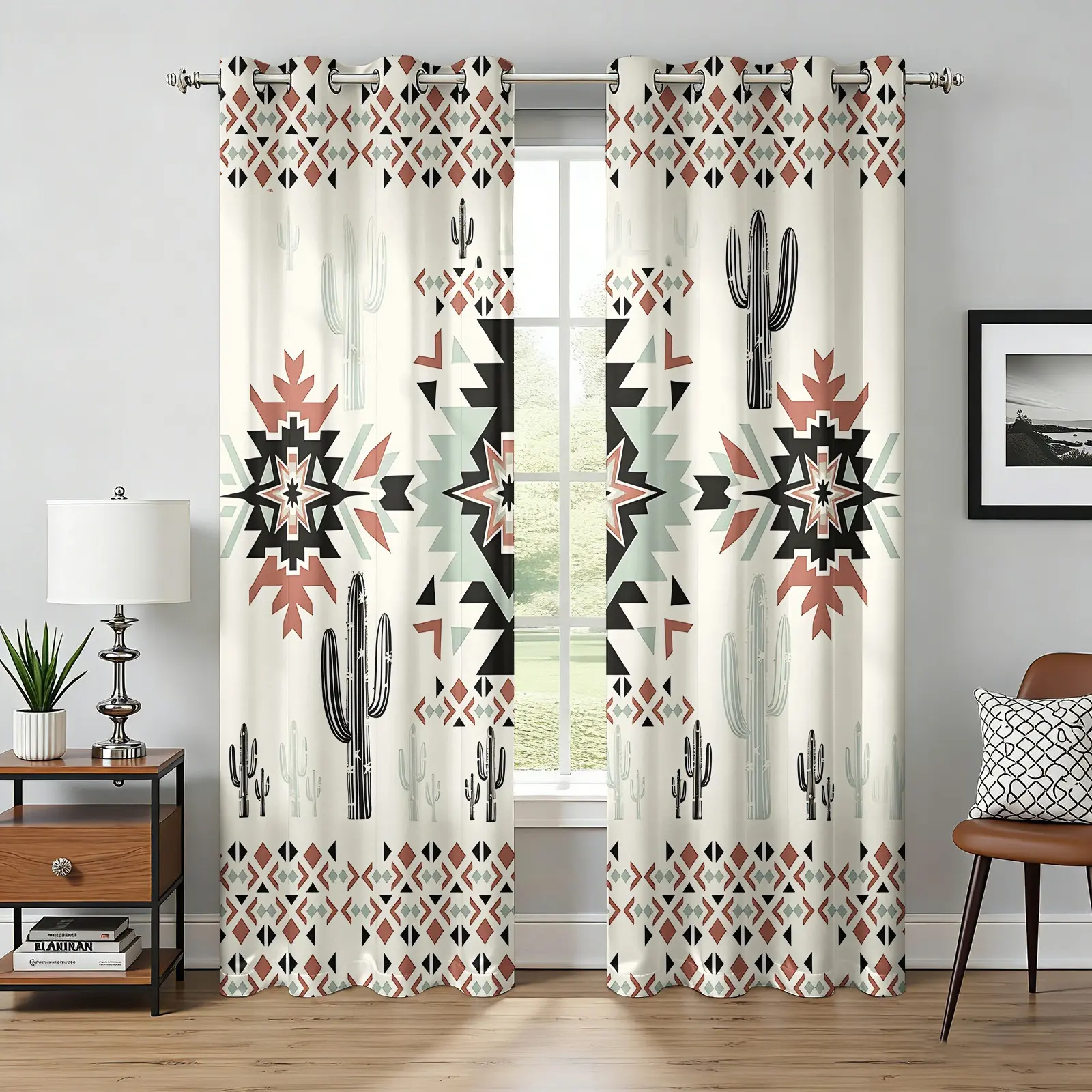 2 Panels Southwest Aztec Tribal Cactus Blackout Curtains, Boho Aztec Geometric Print Curtains, Rustic Farmhouse, Earth Tone Retro Window Treatments with Grommet Top, Room Decor Curtain, For Bedroom & Living Room