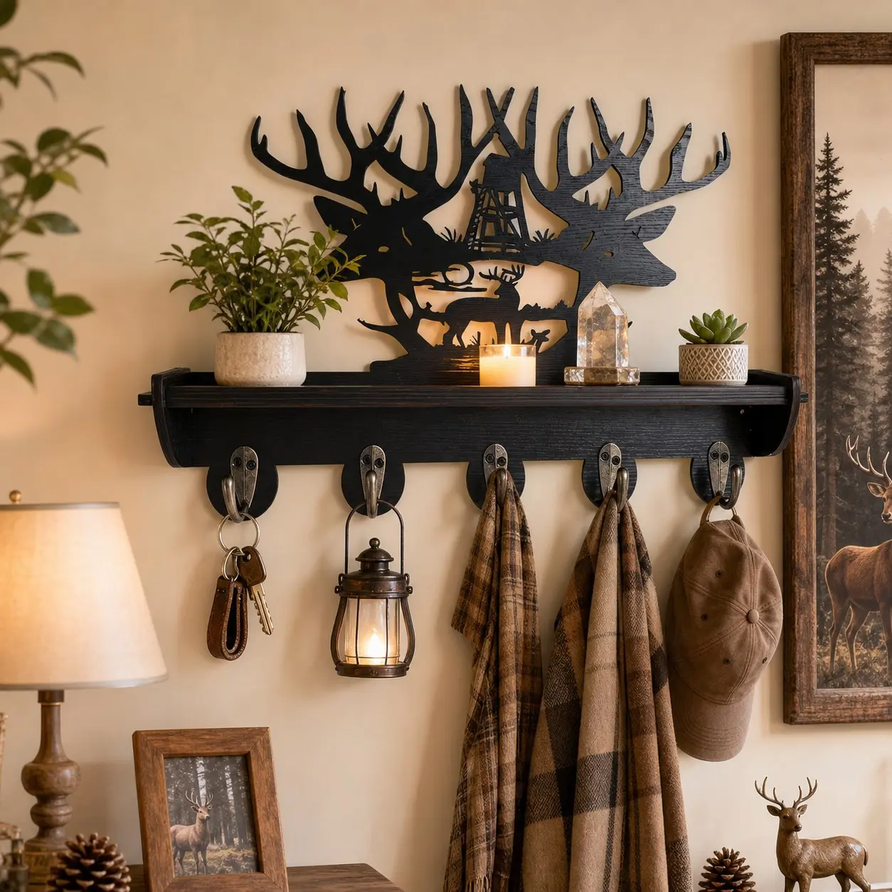 Forest Deer Wall-Mounted Shelf with Multifunctional Hooks, Wall Mounted Organizer, Animal-Shaped Decoration for Home & Office, Perfect Gift for Holidays
