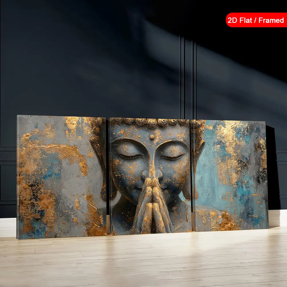 2D Tripartite Framed Zen Buddha Wall Art - Blue and Gold Zen Buddhist Painting, suitable for bedroom, living room, bathroom, bedroom decoration, interior wall art decoration, room decoration, perfect room decor