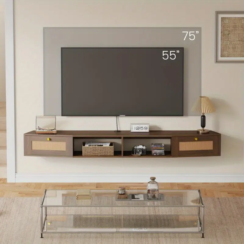 70"x8" Floating TV Cabinet, Wall Mounted Entertainment Center with Rattan Drawer Door and Shelf, Suitable for 55"-75" TVs, for Living Room, Bedroom, Dark Brown
