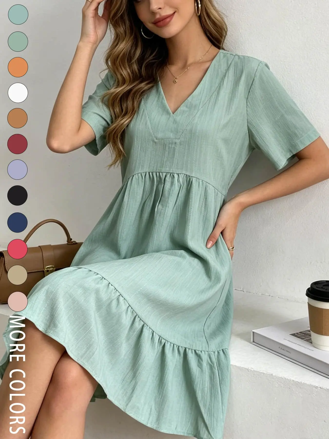 A fashionable women's V-neck short-sleeved pleated texture loose ruffled Boho casual style dress, suitable for summer, perfect for daily commutes, casual outings, dates, and beach vacations