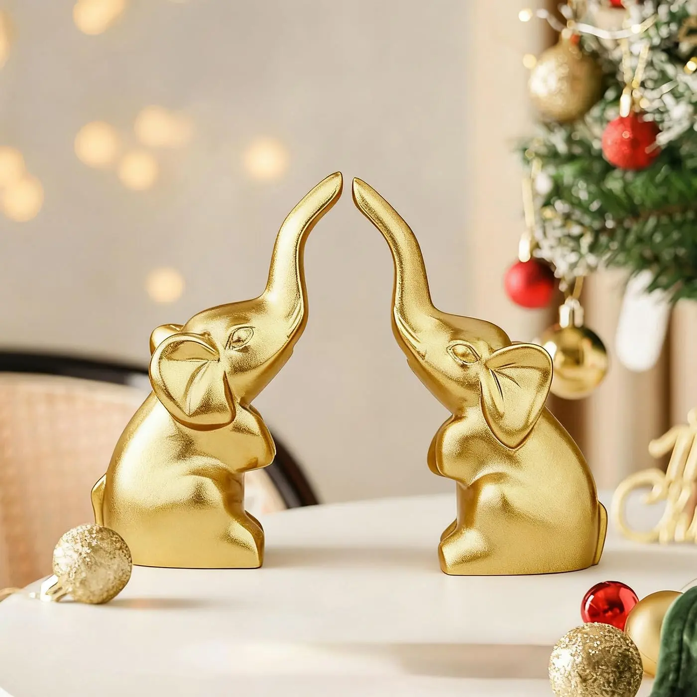 Mini  Elephant Gifts for Women, Modern Style Small Golden  Statue, 2 count Elephant Decor for Desk Shelves 3.5Inch