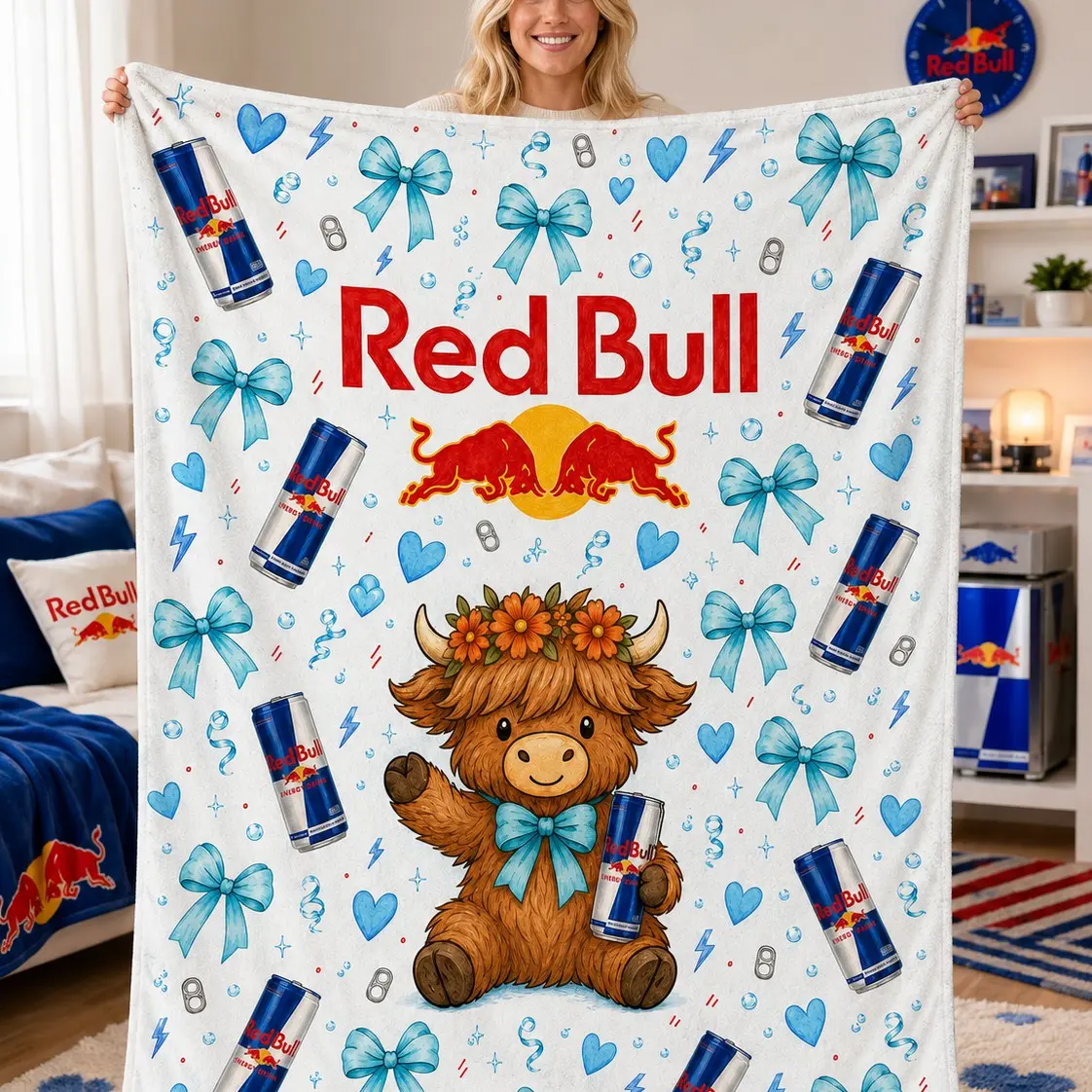 Fresh Girl Style Blanket with Cute Highland Long-Haired Calf and Bull Logo, Light Blue Bow Heart Lightning Print, Soft Thick Flannel Bed and Lounge Blanket for Home Decor and Gifts