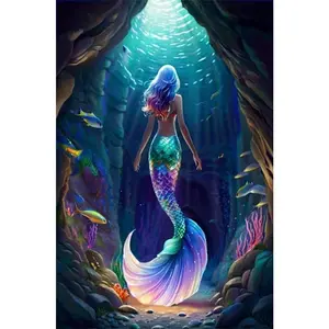 2d flat painting 5D DIY Diamond Painting Kit Mermaid Underwater Cave Round Resin Diamonds Full Drill Include Tools Sparkling Rhinestone Art Home Wall Decor Gift for Adults Kids Living Room Bedroom Decoration