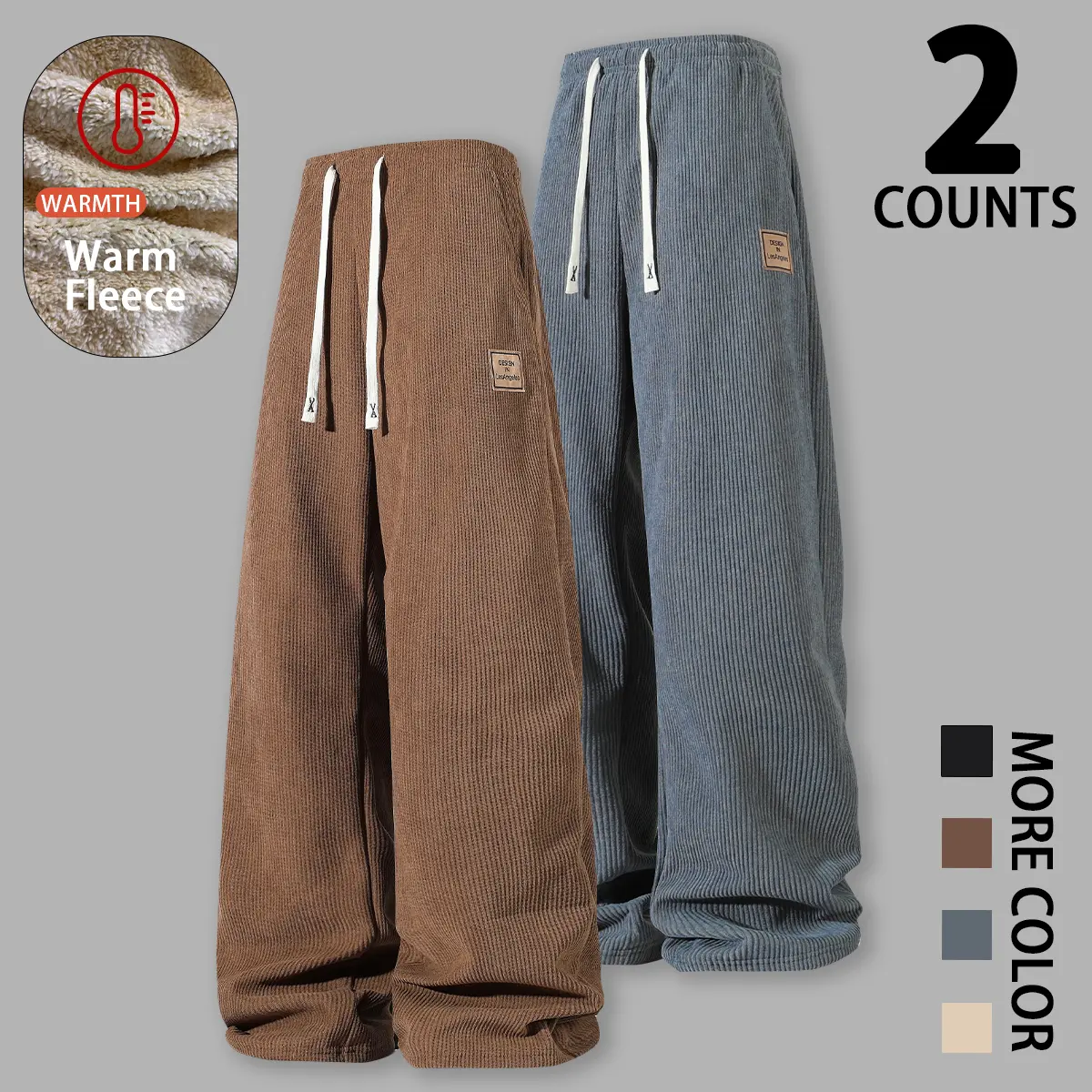 Men's 2-Pack Corduroy Pants, Relaxed Fit Wide Leg Thermal Trousers with Fleece Linings and an Adjustable Waist for Winter, Floor-Length