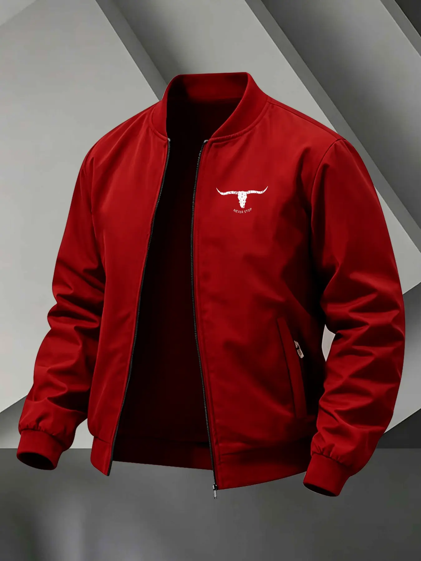 Men's Stand Collar Zip Up Lightweight Windproof Bomber Jacket, Casual Zipper Outerwear, Casual Fashion Outerwear, Distressed Longhorn Skull Graphic Print Western Cowboy Casual Street Outerwear Rib Cuff Daily Coat