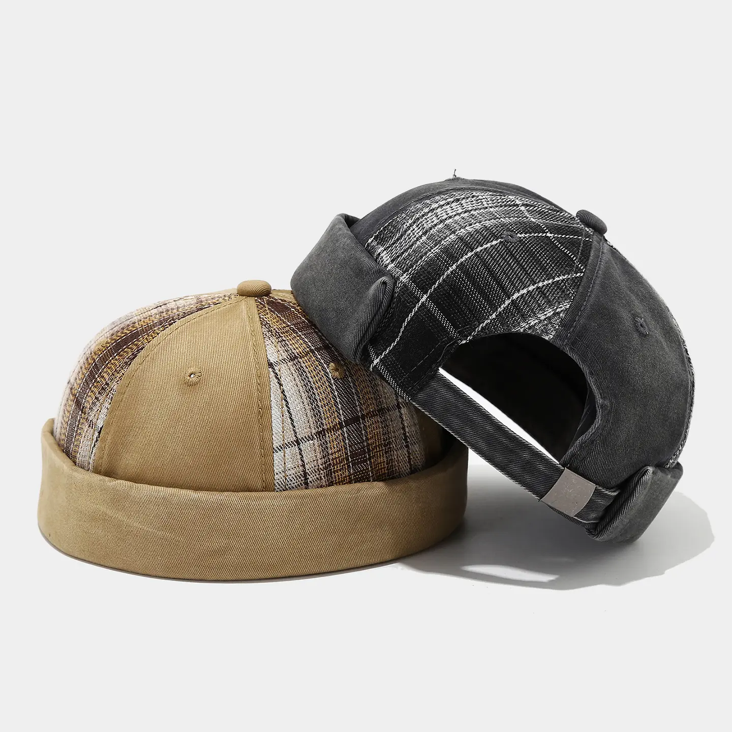 Vintage Brimless Docker Hat Plaid Stitching Landowner Cap Hip Hop Streetwear Beanie for Men Women