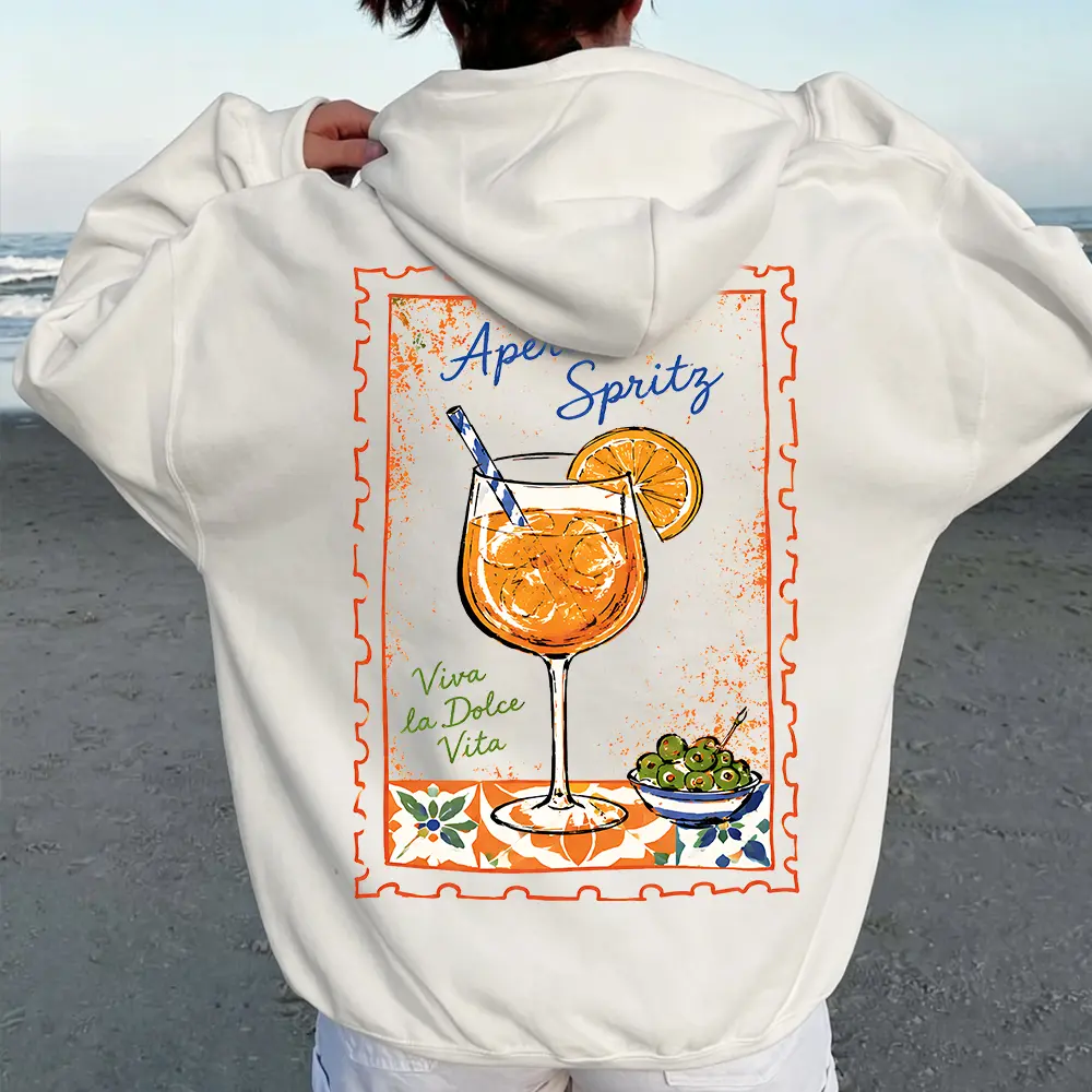 Women's Aperol Spritz Oversized Vintage Streetwear Hoodie - Unisex Cotton Long-Sleeve Casual Essential, Italian Summer Aperitivo Postage Stamp Graphic Pullover, Viva La Dolce Vita Cocktail Aesthetic Top