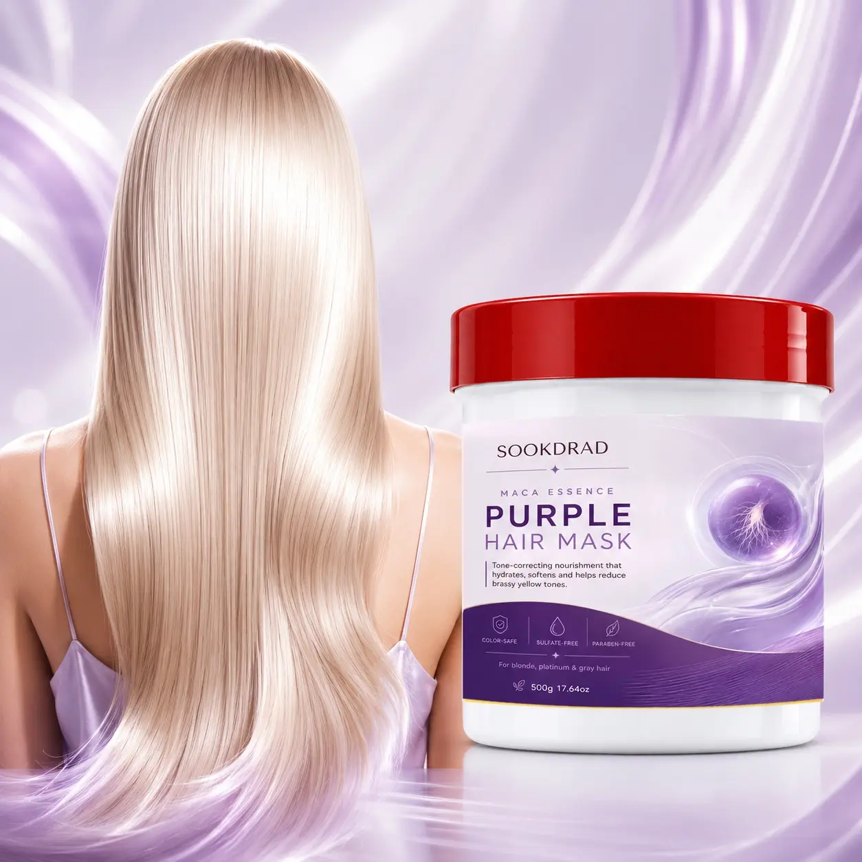Purple Hair Mask, with Maca Essence, tone-correcting, nourishing, hydrating, softening, reducing brassy yellow tones, for hair, for blonde, platinum and gray hair, color-safe, sulfate-free,